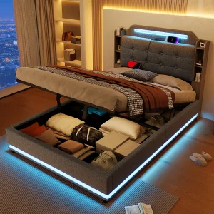 Gestoffeerd opbergbed – 140 x 200 cm – met LED's + USB + TYPE-C – hoofdeinde met opbergruimte – linnen – grijs Gestoffeerd opbergbed – 140 x 200 cm – met LED's + USB + TYPE-C – hoofdeinde met opbergruimte – linnen – grijs