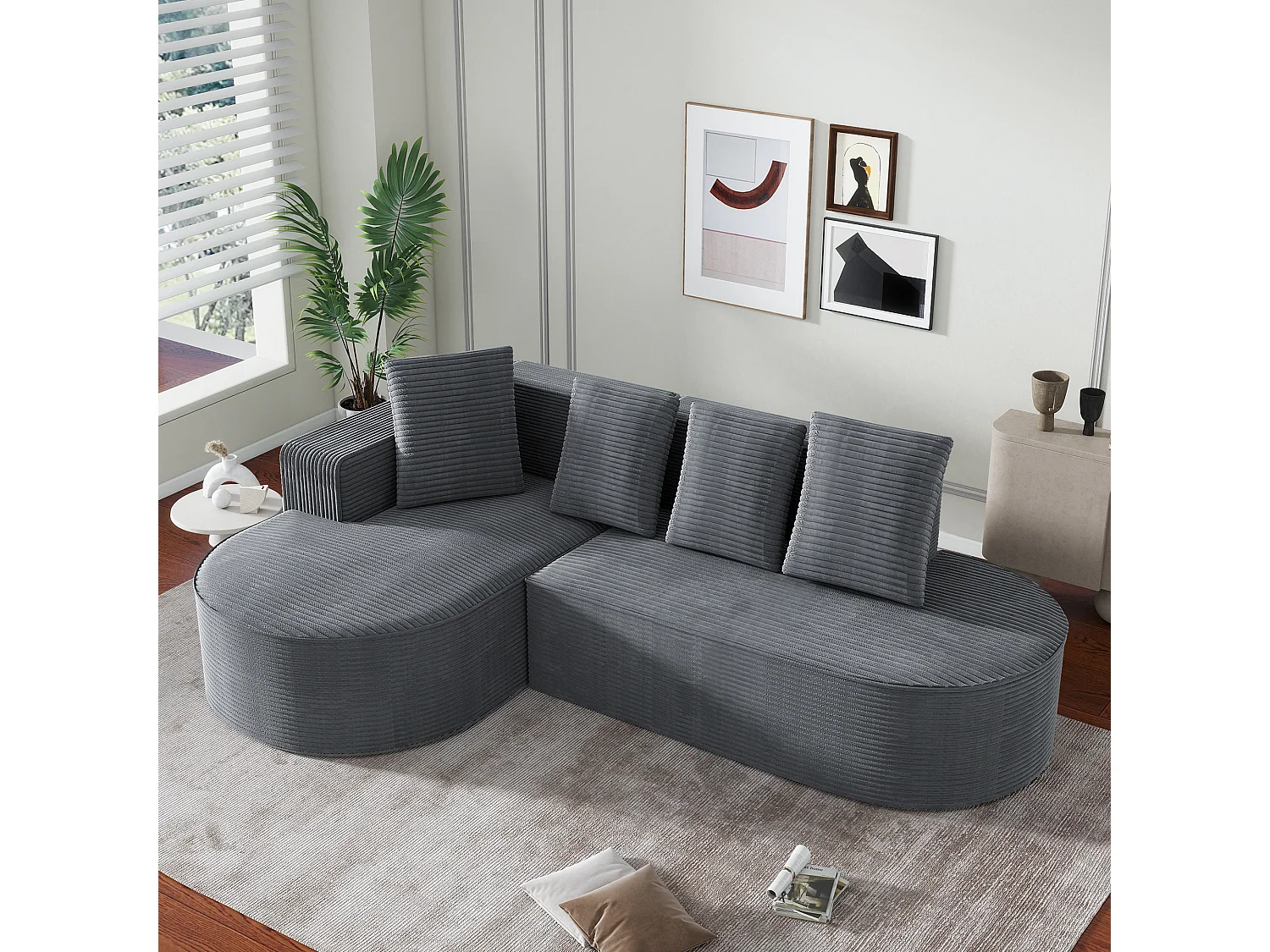 Hoekbank - Bank met 4 kussens - eenvoudig wolkendesign - wit corduroy