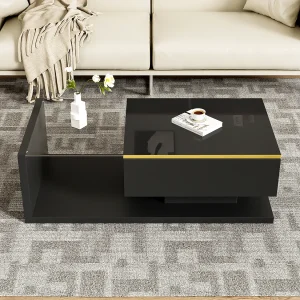 Glanzende salontafel – 100 x 50 x 32,5 cm – met glas + LED-effect + opbergruimte – spaanplaat – zwart