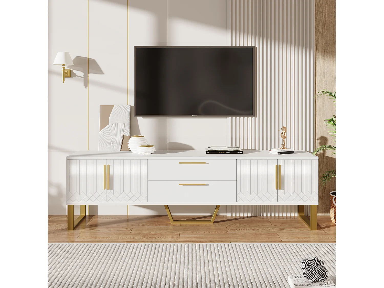 High-end tv-meubel, modern design, MDF, wit en goud, met 4 lades en gebeeldhouwde deuren (170x40x53,5cm)