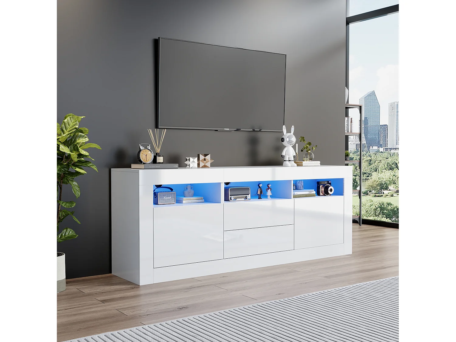 High-end tv-meubel met 3 open vakken, 2 deuren, 2 lades, app-bediening, voor tv's tot 70 inch (160x35x60 cm)