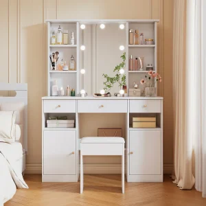 Grote kaptafel met LED-verlichting, spiegel, 3 laden, 2 deuren, MDF, wit (110x40x151 cm) Grote kaptafel met LED-verlichting, spiegel, 3 laden, 2 deuren, MDF, wit (110x40x151 cm)