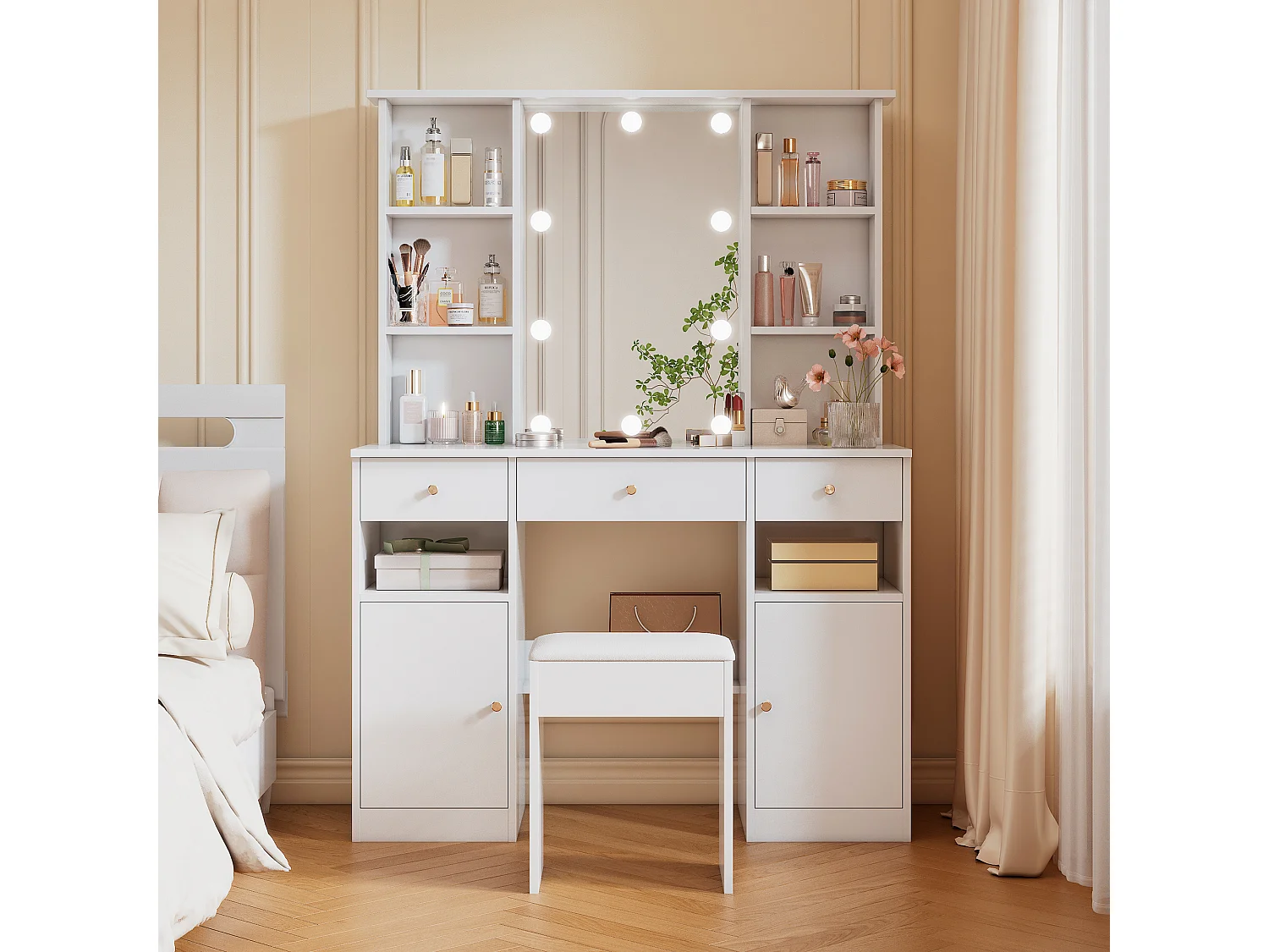 Grote kaptafel met LED-verlichting, spiegel, 3 laden, 2 deuren, MDF, wit (110x40x151 cm)