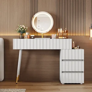 Grote kaptafel met LED-verlichting, spiegel, 5 laden, 2 deuren, MDF, wit (110x40x151 cm) Grote kaptafel met LED-verlichting, spiegel, 5 laden, 2 deuren, MDF, wit (110x40x151 cm)