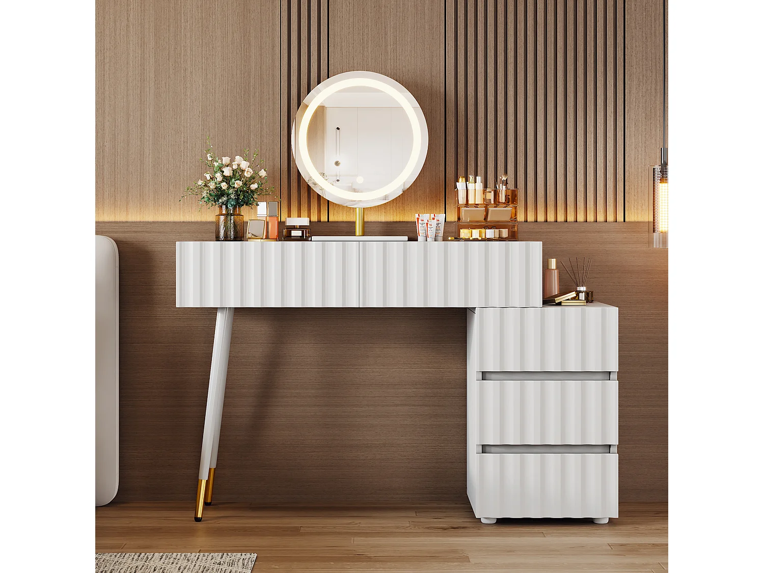 Grote kaptafel met LED-verlichting, spiegel, 5 laden, 2 deuren, MDF, wit (110x40x151 cm)