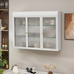 Glazen wandkast met 3 boogdeuren voor keuken, woonkamer en badkamer, metaal en glas, wit (90×19,5×70 cm)