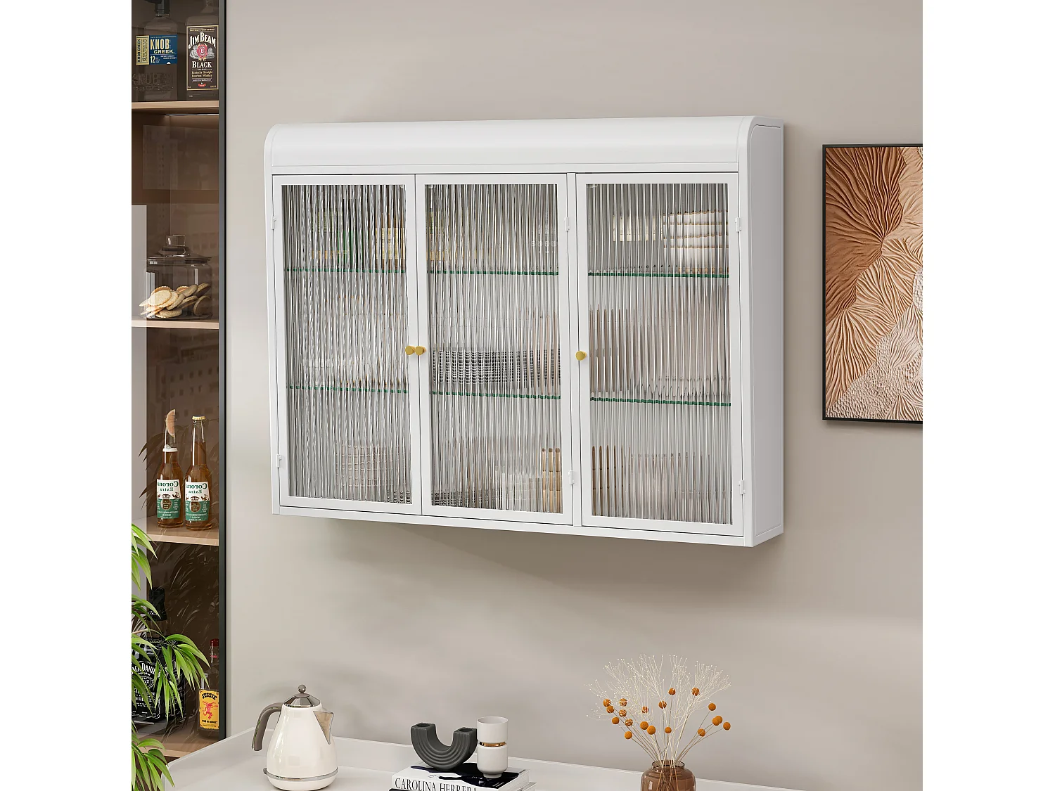 Glazen wandkast met 3 boogdeuren voor keuken, woonkamer en badkamer, metaal en glas, wit (90x19,5x70 cm)