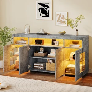 Grijs betonnen dressoir met LED, vitrinekast met glazen deur, 3 laden, 140x40x70 cm Grijs betonnen dressoir met LED, vitrinekast met glazen deur, 3 laden, 140x40x70 cm