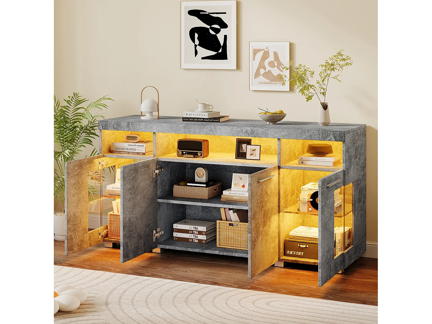 Grijs betonnen dressoir met LED, vitrinekast met glazen deur, 3 laden, 140x40x70 cm