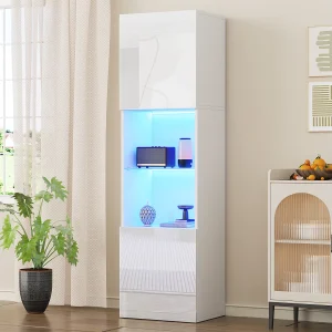 Glanzend witte vitrinekast met LED-verlichting, glazen plank, MDF, (45x35x160 cm)