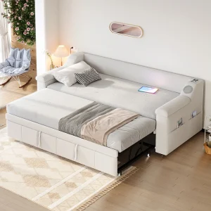Gestoffeerde slaapbank – 90/180 x 190 cm – met armleuningen + Bluetooth + USB – met opbergruimte – fluweel – beige Gestoffeerde slaapbank – 90/180 x 190 cm – met armleuningen + Bluetooth + USB – met opbergruimte – fluweel – beige