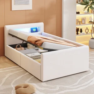 Gestoffeerd kinderbed met opbergruimte – 90 x 200 cm – met LED's + USB – hoofdeinde met plank – fluweel + MDF – beige Gestoffeerd kinderbed met opbergruimte – 90 x 200 cm – met LED's + USB – hoofdeinde met plank – fluweel + MDF – beige