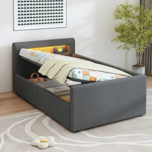 Gestoffeerd kinderbed met opbergruimte – 90 x 200 cm – met LED's + USB – hoofdbord met plank – fluweel + MDF – donkergrijs Gestoffeerd kinderbed met opbergruimte – 90 x 200 cm – met LED's + USB – hoofdbord met plank – fluweel + MDF – donkergrijs