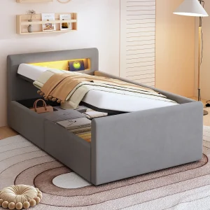 Gestoffeerd kinderbed met opbergruimte – 90 x 200 cm – met LED's + USB – hoofdbord met plank – fluweel + MDF – lichtgrijs Gestoffeerd kinderbed met opbergruimte – 90 x 200 cm – met LED's + USB – hoofdbord met plank – fluweel + MDF – lichtgrijs
