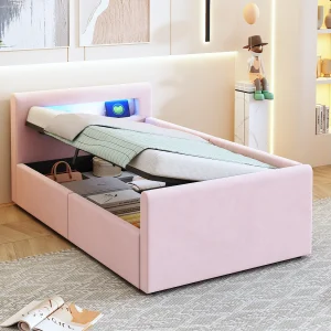 Gestoffeerd kinderbed met opbergruimte – 90 x 200 cm – met LED's + USB – hoofdbord met plank – fluweel + MDF – roze Gestoffeerd kinderbed met opbergruimte – 90 x 200 cm – met LED's + USB – hoofdbord met plank – fluweel + MDF – roze