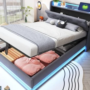 Gestoffeerd kinderbed met opbergruimte 90×200 cm – met LED-verlichting – met USB-aansluiting – openklapbaar hoofdbord – linnen – grijs Gestoffeerd kinderbed met opbergruimte 90×200 cm – met LED-verlichting – met USB-aansluiting – openklapbaar hoofdbord – linnen – grijs
