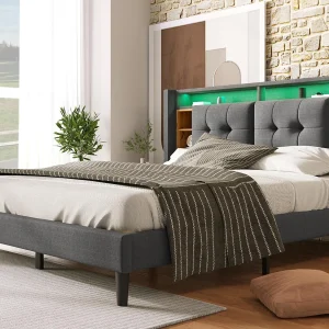 Gestoffeerd tweepersoonsbed 140x200cm in linnen met LED en USB-oplaadpoort – lattenbodem – Grijs Gestoffeerd tweepersoonsbed 140x200cm in linnen met LED en USB-oplaadpoort – lattenbodem – Grijs