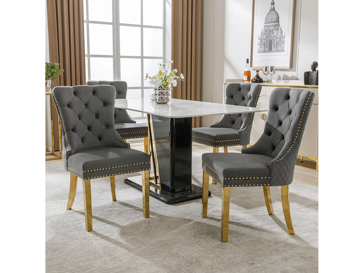 Grijze fluwelen eetkamerstoel met decoratieve ring, gouden roestvrijstalen poten, 4 stuks (50,5 x 45 x 95 cm)