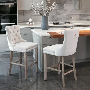 Gestoffeerde fluwelen barkruk, modern design met houten poten en sierlijsten, beige (60x50x66cm) Gestoffeerde fluwelen barkruk, modern design met houten poten en sierlijsten, beige (60x50x66cm)
