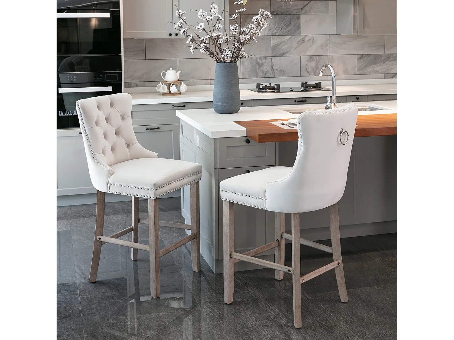 Gestoffeerde fluwelen barkruk, modern design met houten poten en sierlijsten, beige (60x50x66cm)
