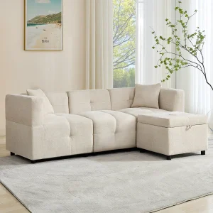 Hoekbank met opbergruimte, 3-zits, chenillestof, met afneembare voetenbank en 2 kussens (204x126x69 cm) Hoekbank met opbergruimte, 3-zits, chenillestof, met afneembare voetenbank en 2 kussens (204x126x69 cm)