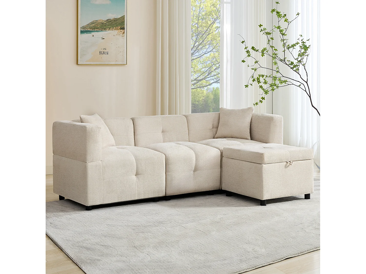Hoekbank met opbergruimte, 3-zits, chenillestof, met afneembare voetenbank en 2 kussens (204x126x69 cm)