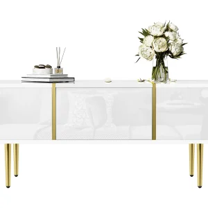 Glanzend witte salontafel, modern design met 2 lades, gelakt MDF en goudkleurig metaal (100x60x41,5 cm)