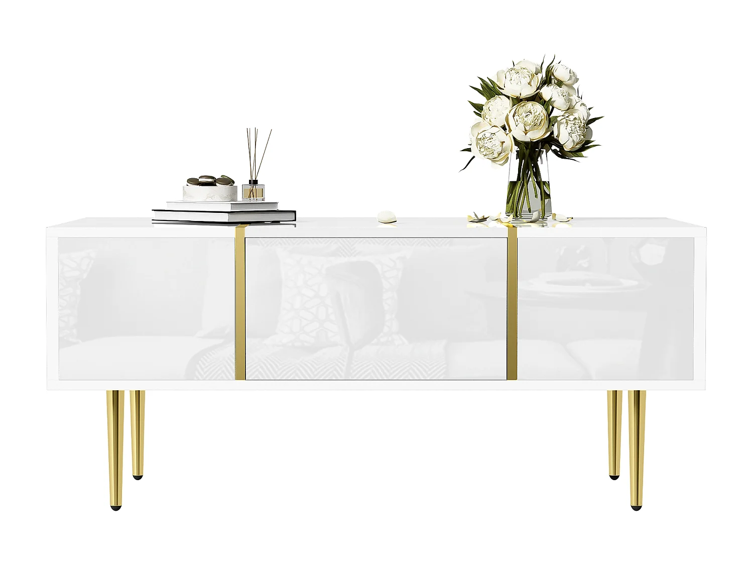 Glanzend witte salontafel, modern design met 2 lades, gelakt MDF en goudkleurig metaal (100x60x41,5 cm)