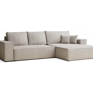 Hoekbank met slaapfunctie Maze in geweven stof – Vijfpersoons – lichtbeige