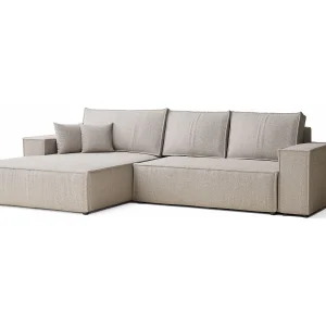 Hoekbank met slaapfunctie Maze in geweven stof – Vijfpersoons – lichtbeige