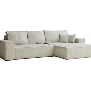 Hoekbank met slaapfunctie Maze in fluwelen stof – Vijfpersoons – creme