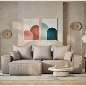 Hoekbank met slaapfunctie Moyo in geweven stof – Driepersoons – beige Hoekbank met slaapfunctie Moyo in geweven stof – Driepersoons – beige