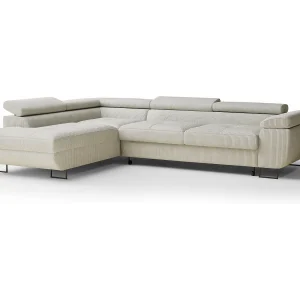 Hoekbank met slaapfunctie Concord in fluwelen stof – Vierpersoons – creme
