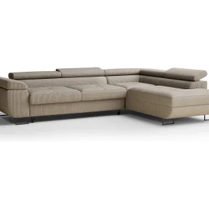 Hoekbank met slaapfunctie Concord in fluwelen stof – Vierpersoons – beige