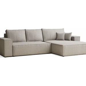 Hoekbank met slaapfunctie Maze in geweven stof – Vijfpersoons – beige