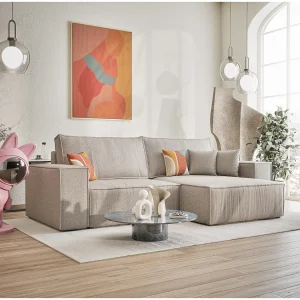 Hoekbank met slaapfunctie Zaya in geweven stof – Driepersoons – beige Hoekbank met slaapfunctie Zaya in geweven stof – Driepersoons – beige