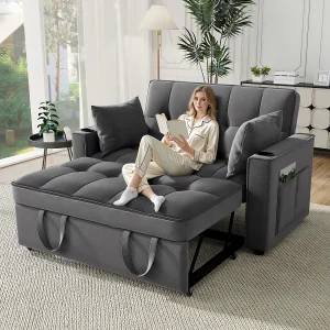 Grijze 2-zitsbank – Fauteuil met bekerhouder en opbergvak – kussens en wieltjes Grijze 2-zitsbank – Fauteuil met bekerhouder en opbergvak – kussens en wieltjes