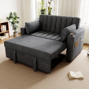 Grijze 2-zitsbank – Omvormbare fauteuil met bekerhouder en opbergvak – voor woonkamer en slaapkamer Grijze 2-zitsbank – Omvormbare fauteuil met bekerhouder en opbergvak – voor woonkamer en slaapkamer