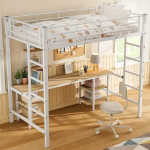 Halfhoogslaper kind 90×200 cm, metalen bed met bureau + opbergrek, ijzer + MDF, zonder matras, wit Halfhoogslaper kind 90×200 cm, metalen bed met bureau + opbergrek, ijzer + MDF, zonder matras, wit