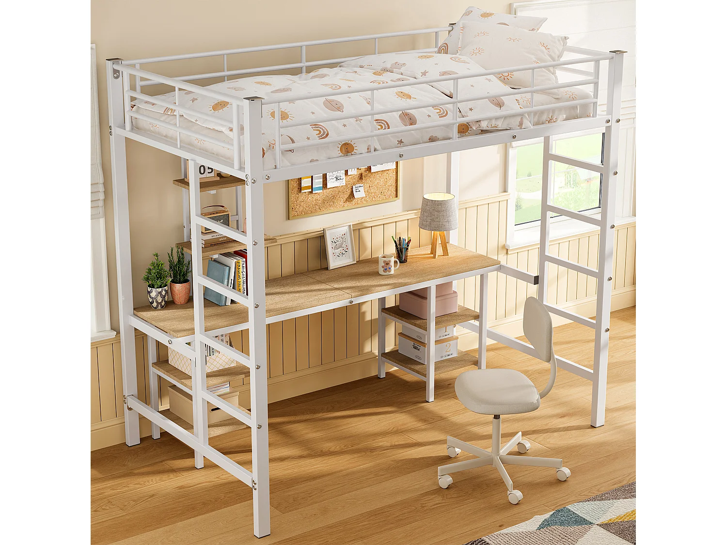 Halfhoogslaper kind 90x200 cm, metalen bed met bureau + opbergrek, ijzer + MDF, zonder matras, wit