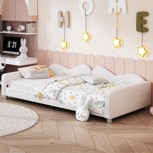 Gestoffeerd kinderbed 90 x 200 cm, met lattenbodem, rugleuning en armleuningen, wit Gestoffeerd kinderbed 90 x 200 cm, met lattenbodem, rugleuning en armleuningen, wit