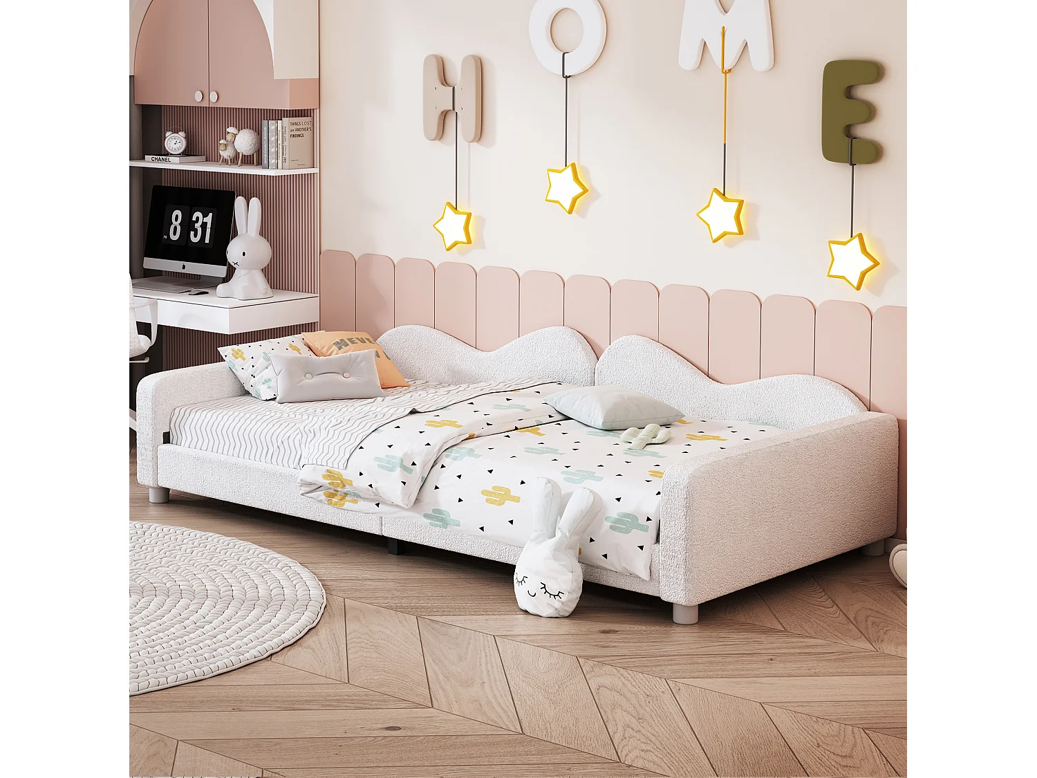 Gestoffeerd kinderbed 90 x 200 cm, met lattenbodem, rugleuning en armleuningen, wit