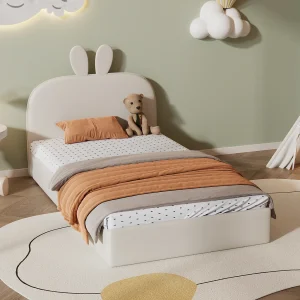 Gestoffeerd bed 90 x 200 cm, met konijnvormig hoofdeinde, houten lattenbodem, eenpersoonsbed, fluweel, beige