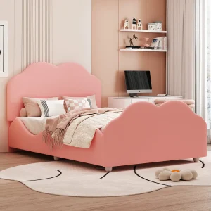 Gestoffeerd bed 90 x 200 cm met gevormd hoofdeinde, kinderbed met lattenbodem, roze