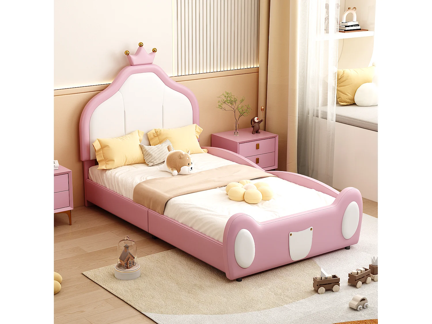 Gestoffeerd kinderbed 90 x 200 cm, hoofdbord met kroonlijst, roze