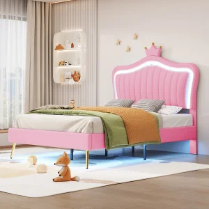Gestoffeerd kinderbed met ledverlichting, 90 x 200 cm, lattenbodem en verstelbaar hoofdeinde, PU, roze Gestoffeerd kinderbed met ledverlichting, 90 x 200 cm, lattenbodem en verstelbaar hoofdeinde, PU, roze