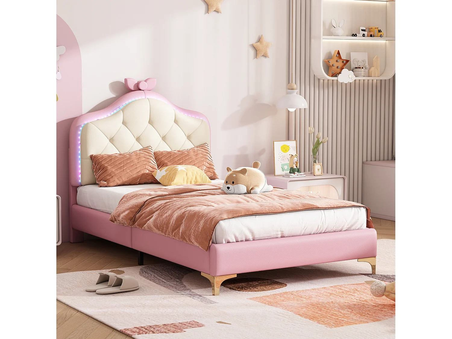 Gestoffeerd kinderbed 90 x 200 cm, LED, bedframe met knopen en lattenbodem, roze