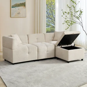 Hoekbank met opbergpoef – Beige chenille – ergonomische gewatteerde rugleuning, voor woonkamer of kantoor Hoekbank met opbergpoef – Beige chenille – ergonomische gewatteerde rugleuning, voor woonkamer of kantoor
