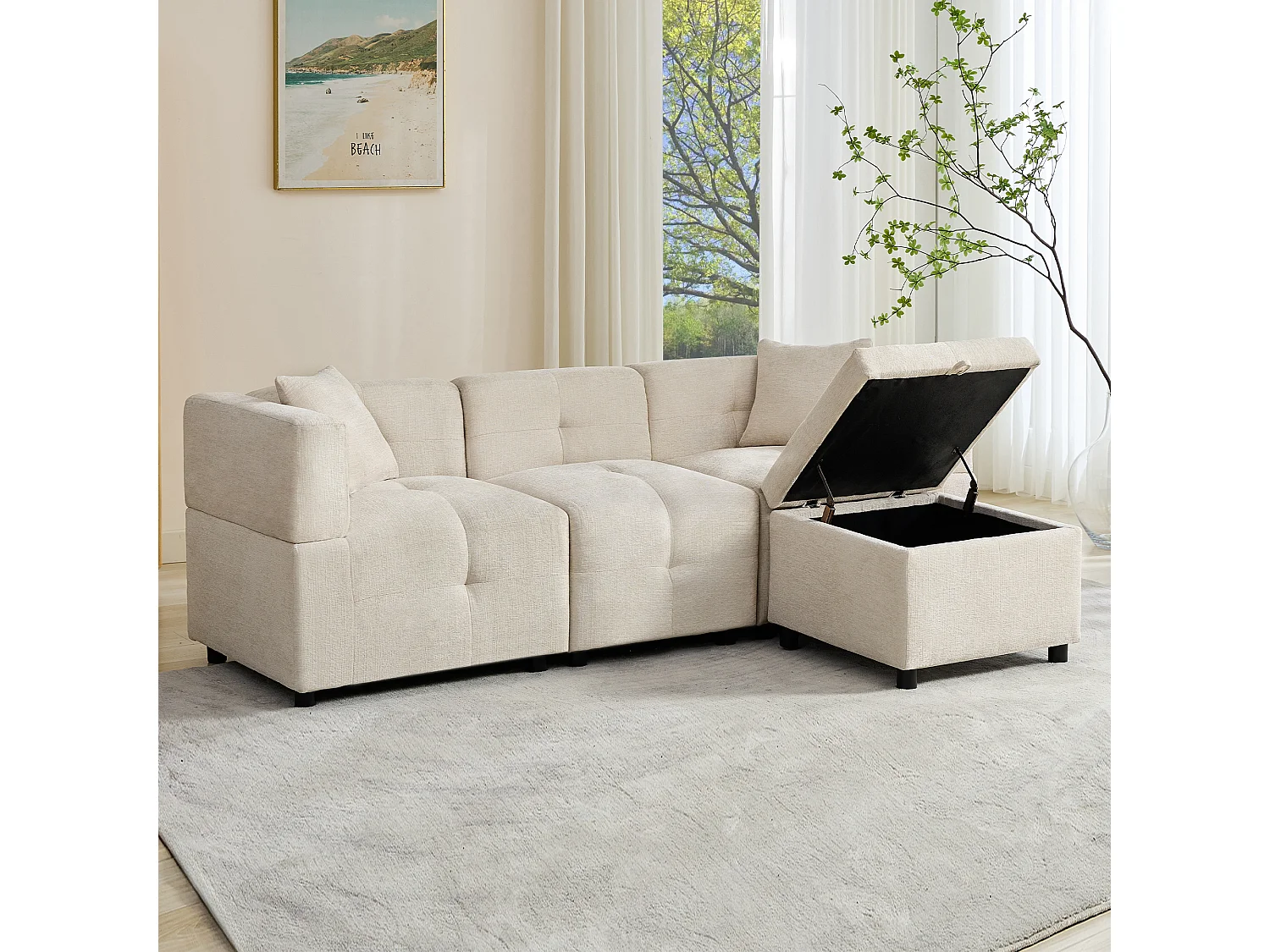 Hoekbank met opbergpoef - Beige chenille - ergonomische gewatteerde rugleuning, voor woonkamer of kantoor