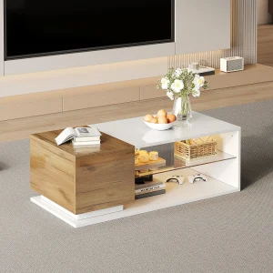 Glanzende salontafel, witte salontafel met 1 eikenhouten deur en open opbergplanken, ledverlichting Glanzende salontafel, witte salontafel met 1 eikenhouten deur en open opbergplanken, ledverlichting